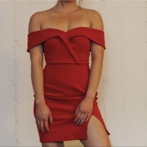 Red off the shoulder slit dress
